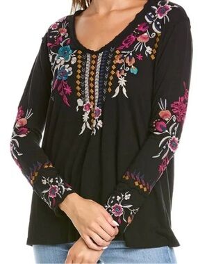 Johnny Was Tinasha Embroidered Boho Top Black S